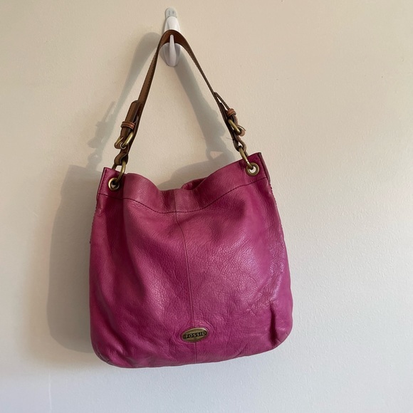 Fossil Pebbled Italian Leather Hobo Purse Rare  Bubble Gum Barbie Core Pink - Picture 6 of 8